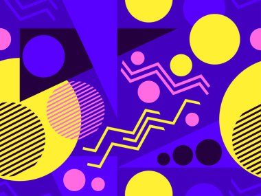 80 'lerin tarzında geometrik şekilli kusursuz desen. Broşürler, afişler ve ambalaj kağıtları için üçgenler, daireler ve kareler içeren çok renkli vintage arka plan. Vektör illüstrasyonu