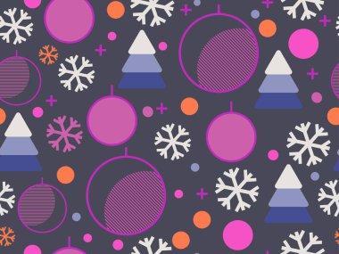 80 'lerin tarzında geometrik şekilli kusursuz bir Noel deseni. Noel baloları, üçgenli Noel ağaçları, daireler, broşürler, afişler ve ambalaj kağıtları için. Vektör illüstrasyonu