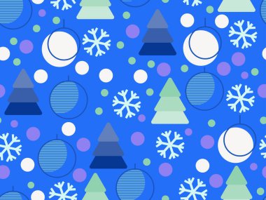 80 'lerin tarzında geometrik şekilli kusursuz bir Noel deseni. Noel baloları, üçgenli Noel ağaçları, daireler, broşürler, afişler ve ambalaj kağıtları için. Vektör illüstrasyonu