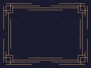 Art deco çerçeve. Klasik doğrusal sınır. Davetiyeler, broşürler ve tebrik kartları için bir şablon tasarla. Geometrik altın çerçeveli. 1920 'lerin tarzı - 1930' lar. Vektör illüstrasyonu