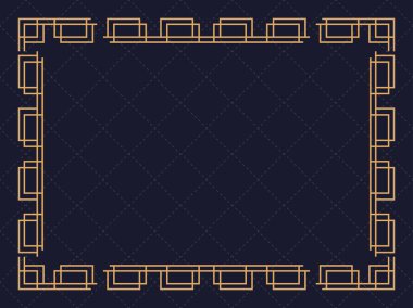 Art deco çerçeve. Klasik doğrusal sınır. Davetiyeler, broşürler ve tebrik kartları için bir şablon tasarla. Geometrik altın çerçeveli. 1920 'lerin tarzı - 1930' lar. Vektör illüstrasyonu