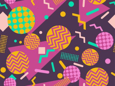 80 'lerin tarzında geometrik şekilli kusursuz desen. Kağıt, reklam materyali ve kumaş basmak için modaya uygun bir geçmişe dönüş. Vektör illüstrasyonu