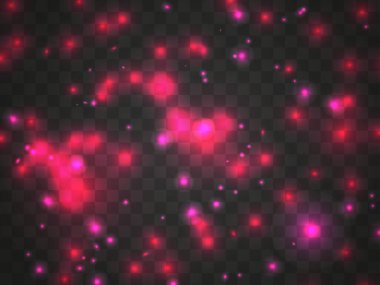 Şeffaf bir arkaplanda parlayan ışık. Parlayan parçacıklar, sihirli parıltı. Parlak ışık. Pankart, poster ve tebrik kartları için bir şablon tasarla. Vektör illüstrasyonu