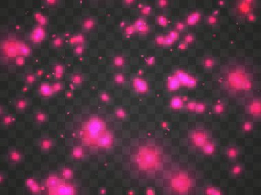 Şeffaf bir arkaplanda parlayan ışık. Parlayan parçacıklar kırmızı renk, sihirli parıltı. Parlak ışık. Yıldız tozu. Pankart, poster ve tebrik kartları için bir şablon tasarla. Vektör illüstrasyonu