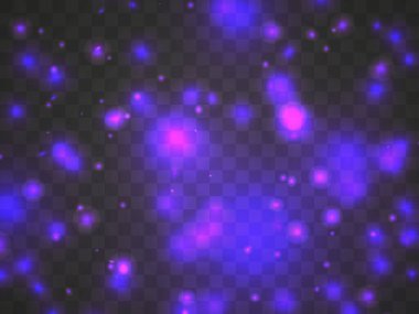 Şeffaf bir arkaplanda parlayan ışık. Parlayan parçacıklar mor renk, sihirli parıltı. Parlak ışık. Yıldız tozu. Pankart, poster ve tebrik kartları için bir şablon tasarla. Vektör illüstrasyonu