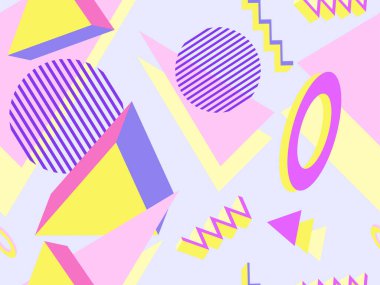 Geometrik memphis 80 'lerin tarzında kusursuz desen. 3D nesnelerle modern moda arka planı, promosyon ürünleri için sanal gerçeklik, ambalaj kağıdı ve baskı. Vektör illüstrasyonu