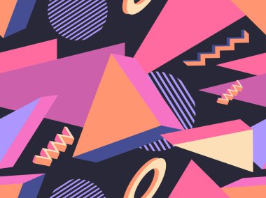 Geometrik memphis 80 'lerin tarzında kusursuz desen. 3D nesnelerle modern moda arka planı, promosyon ürünleri için sanal gerçeklik, ambalaj kağıdı ve baskı. Vektör illüstrasyonu