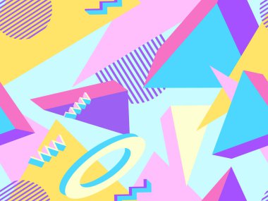 Geometrik memphis 80 'lerin tarzında kusursuz desen. 3D nesnelerle modern moda arka planı, promosyon ürünleri için sanal gerçeklik, ambalaj kağıdı ve baskı. Vektör illüstrasyonu