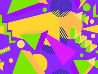 Geometrik memphis 80 'lerin tarzında kusursuz desen. 3D nesnelerle modern moda arka planı, promosyon ürünleri için sanal gerçeklik, ambalaj kağıdı ve baskı. Vektör illüstrasyonu