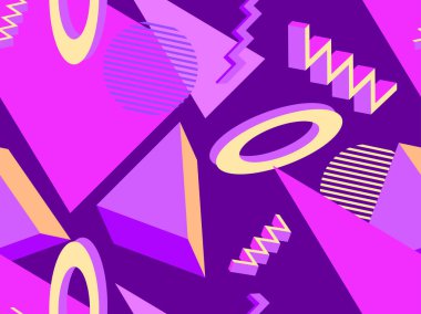 Geometrik memphis 80 'lerin tarzında kusursuz desen. 3D nesnelerle modern moda arka planı, promosyon ürünleri için sanal gerçeklik, ambalaj kağıdı ve baskı. Vektör illüstrasyonu