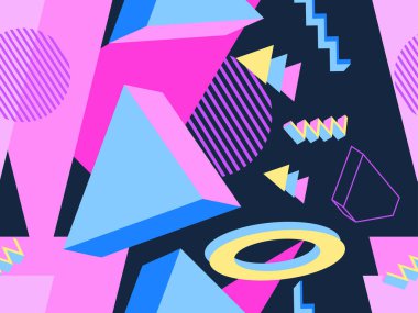 Geometrik memphis 80 'lerin tarzında kusursuz desen. 3D nesnelerle modern moda arka planı, promosyon ürünleri için sanal gerçeklik, ambalaj kağıdı ve baskı. Vektör illüstrasyonu