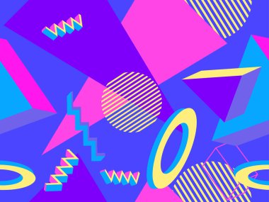 Geometrik memphis 80 'lerin tarzında kusursuz desen. 3D nesnelerle modern moda arka planı, promosyon ürünleri için sanal gerçeklik, ambalaj kağıdı ve baskı. Vektör illüstrasyonu