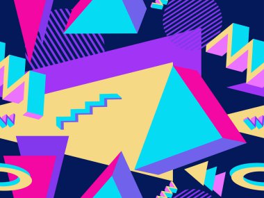 Geometrik memphis 80 'lerin tarzında kusursuz desen. 3D nesnelerle modern moda arka planı, promosyon ürünleri için sanal gerçeklik, ambalaj kağıdı ve baskı. Vektör illüstrasyonu