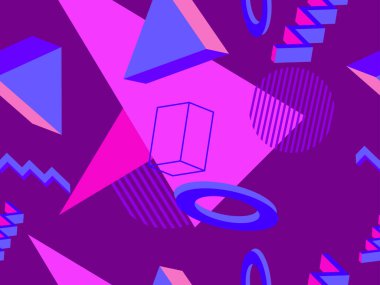 Geometrik memphis 80 'lerin tarzında kusursuz desen. 3D nesnelerle modern moda arka planı, promosyon ürünleri için sanal gerçeklik, ambalaj kağıdı ve baskı. Vektör illüstrasyonu