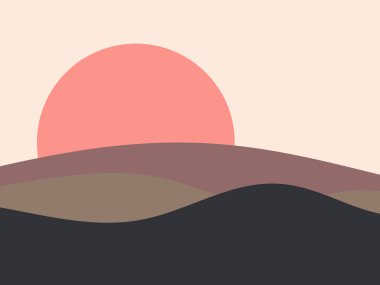 Dalgalı manzara minimalist bir tarzda. Tepeli günbatımı manzarası. Kızıl güneş. Parmak izleri, posterler ve iç tasarım için boho dekoru. Orta Çağ modern dekoru. Moda tarzı. Vektör illüstrasyonu