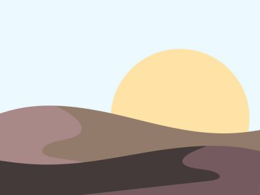 Dalgalı manzara minimalist bir tarzda. Tepeli günbatımı manzarası. Sarı güneş düz tasarım. Parmak izleri, posterler ve iç tasarım için boho dekoru. Orta Çağ modern dekoru. Vektör illüstrasyonu