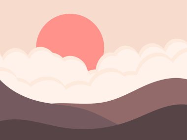 Dağ manzarası minimalist bir şekilde. Gün doğumu ve gün batımı, kızıl güneş. Parmak izleri, posterler ve iç tasarım için boho dekoru. Orta Çağ modern dekoru. Moda tarzı. Vektör illüstrasyonu