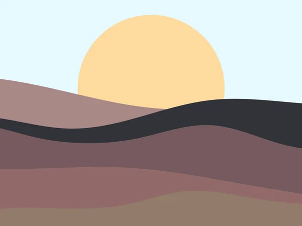 Vågigt Landskap Minimalistisk Stil Solnedgång Landskap Med Kullar Gul Sol — Stock vektor