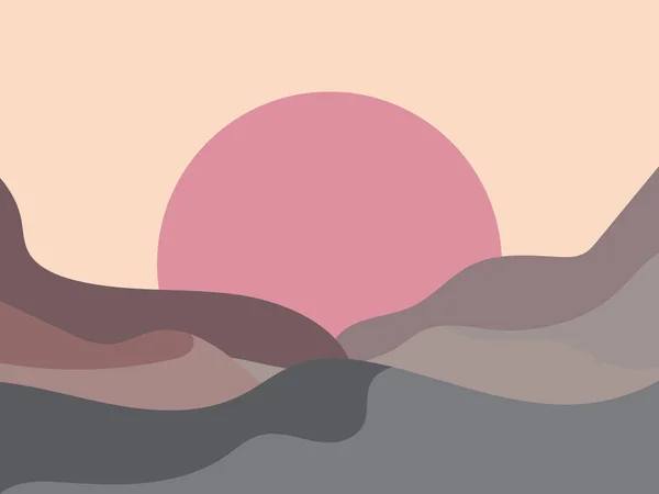 Vågigt Landskap Minimalistisk Stil Solnedgång Landskap Med Kullar Röd Sol — Stock vektor