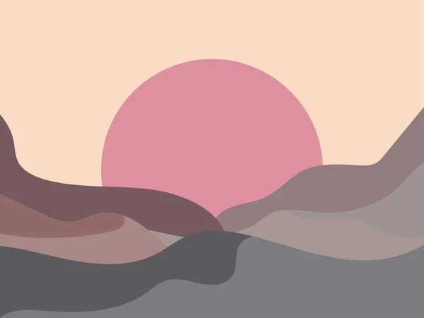 Golvend Landschap Een Minimalistische Stijl Zonsondergang Landschap Met Heuvels Rode — Stockvector