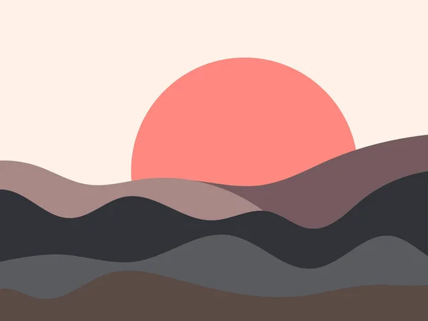 Golvend Landschap Een Minimalistische Stijl Zonsondergang Landschap Met Heuvels Rode — Stockvector