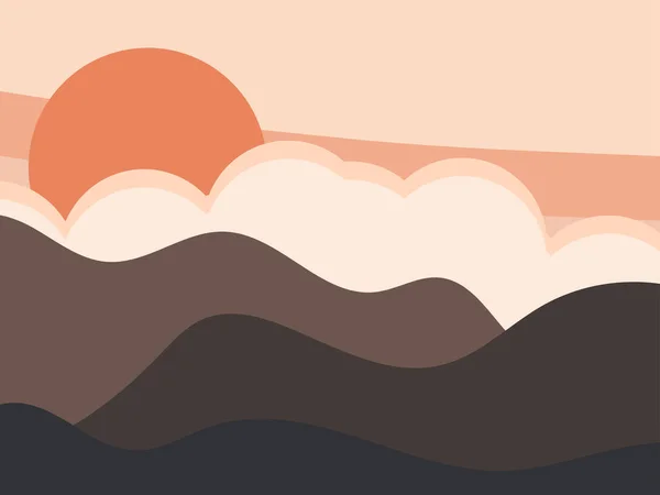 Berglandschap Een Minimalistische Stijl Zonsopkomst Zonsondergang Rode Zon Boho Decor — Stockvector