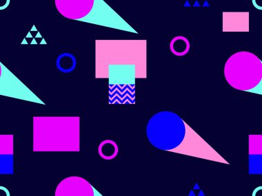 80 'lerin tarzında soyut geometrik, pürüzsüz desen. Bauhaus tarzı elementler. Promosyon ürünleri, ambalaj kağıdı ve baskı için arka plan. Vektör illüstrasyonu