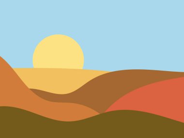 Minimalist tarzda doğal bir manzara. Düzlükler ve dağlar, tarlalar ve çayırlar. Parmak izleri, posterler ve iç tasarım için boho dekoru. Orta Çağ modern dekoru. Vektör illüstrasyonu