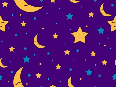 İyi geceler. Uyuyan hilal ve yıldızların kusursuz deseni. Gece gökyüzü. Tatlı rüyalar, çarşaf, pijama ve kağıt baskısı. Vektör illüstrasyonu