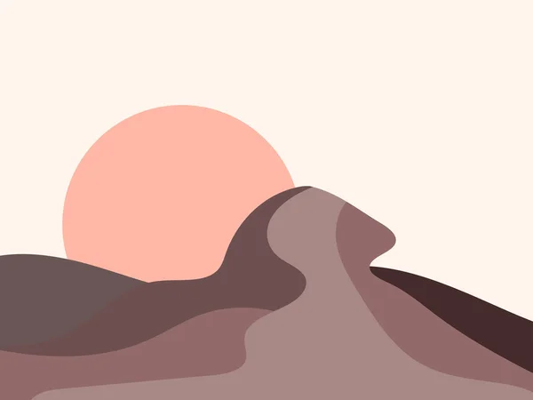 ミニマルなスタイルで山の風景 日の出と日没 赤い太陽 ポスターやインテリアデザインのためのボーアの装飾 ミッドセンチュリーモダンな装飾 トレンドスタイル ベクターイラスト — ストックベクタ