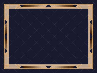 Art deco çerçeve. Klasik doğrusal sınır. Davetiyeler, broşürler ve tebrik kartları için bir şablon tasarla. Geometrik altın çerçeveli. 1920 'lerin tarzı - 1930' lar. Vektör illüstrasyonu