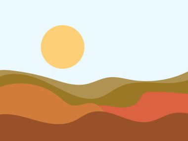 Yeşil tepelerin manzarası minimalist tarzdadır. Parmak izleri, posterler ve iç tasarım için boho dekoru. Orta Çağ modern dekoru. Yeşil alanlar. Vektör illüstrasyonu