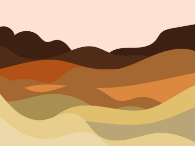 Minimalist tarzda doğal bir manzara. Düzlükler ve dağlar, tarlalar ve çayırlar. Parmak izleri, posterler ve iç tasarım için boho dekoru. Orta Çağ modern dekoru. Vektör illüstrasyonu