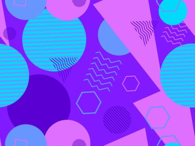 80 'lerin tarzında geometrik şekilli kusursuz desen. Kağıt, reklam materyali ve kumaş basmak için modaya uygun bir geçmişe dönüş. Vektör illüstrasyonu