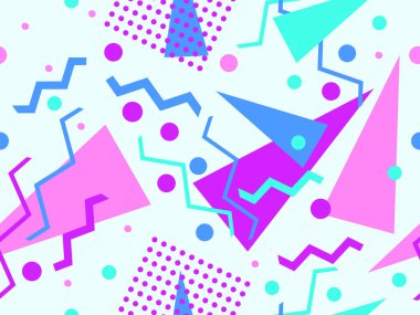 80 'lerin tarzında geometrik şekilli kusursuz desen. Kağıt, reklam materyali ve kumaş basmak için modaya uygun bir geçmişe dönüş. Vektör illüstrasyonu