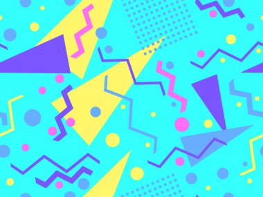 80 'lerin tarzında geometrik şekilli kusursuz desen. Kağıt, reklam materyali ve kumaş basmak için modaya uygun bir geçmişe dönüş. Vektör illüstrasyonu