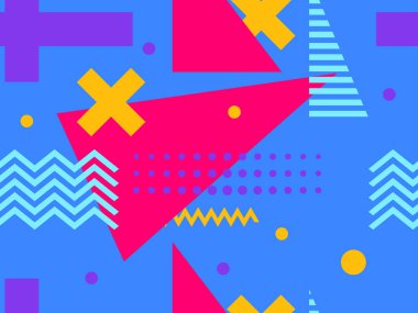 80 'lerin tarzında geometrik şekilli kusursuz desen. Kağıt, reklam materyali ve kumaş basmak için modaya uygun bir geçmişe dönüş. Vektör illüstrasyonu