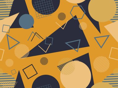 80 'lerin tarzında geometrik şekilli kusursuz desen. Kağıt, reklam materyali ve kumaş basmak için modaya uygun bir geçmişe dönüş. Vektör illüstrasyonu