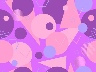 80 'lerin tarzında geometrik şekilli kusursuz desen. Kağıt, reklam materyali ve kumaş basmak için modaya uygun bir geçmişe dönüş. Vektör illüstrasyonu