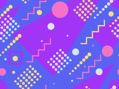 80 'lerin tarzında geometrik şekilli kusursuz desen. Kağıt, reklam materyali ve kumaş basmak için modaya uygun bir geçmişe dönüş. Vektör illüstrasyonu