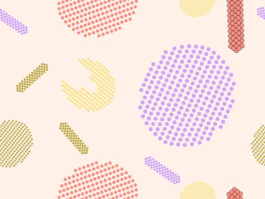 80 'lerin tarzında geometrik şekilli kusursuz desen. Kağıt, reklam materyali ve kumaş basmak için modaya uygun bir geçmişe dönüş. Vektör illüstrasyonu