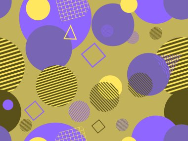 80 'lerin tarzında geometrik şekilli kusursuz desen. Kağıt, reklam materyali ve kumaş basmak için modaya uygun bir geçmişe dönüş. Vektör illüstrasyonu