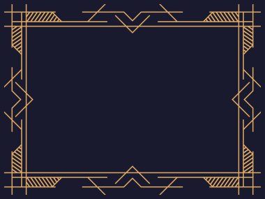 Art deco çerçeve. Klasik doğrusal sınır. Davetiyeler, broşürler ve tebrik kartları için bir şablon tasarla. Geometrik altın çerçeveli. 1920 'lerin tarzı - 1930' lar. Vektör illüstrasyonu