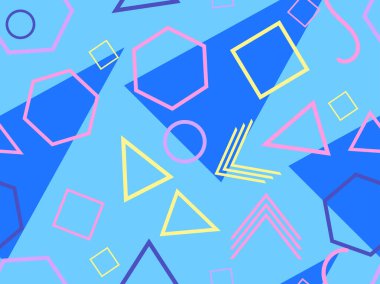 80 'lerin tarzında geometrik şekilli kusursuz desen. Kağıt, reklam materyali ve kumaş basmak için modaya uygun bir geçmişe dönüş. Vektör illüstrasyonu