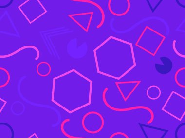 80 'lerin tarzında geometrik şekilli kusursuz desen. Kağıt, reklam materyali ve kumaş basmak için modaya uygun bir geçmişe dönüş. Vektör illüstrasyonu