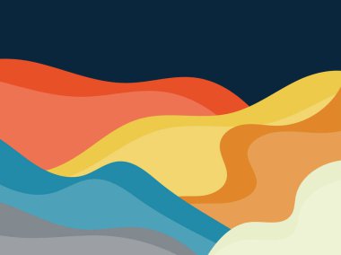 Minimalist tarzda renkli bir manzara. Düzlükler ve dağlar, tarlalar ve çayırlar. Parmak izleri, posterler ve iç tasarım için tipografik boho dekoru. Yüzyılın ortalarında modern dekorasyon. Vektör illüstrasyonu