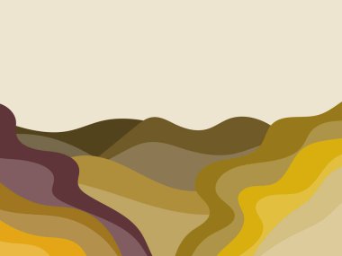 Minimalist tarzda doğal bir manzara. Düzlükler ve dağlar, tarlalar ve çayırlar. Parmak izleri, posterler ve iç tasarım için tipografik boho dekoru. Orta Çağ modern dekoru. Vektör illüstrasyonu