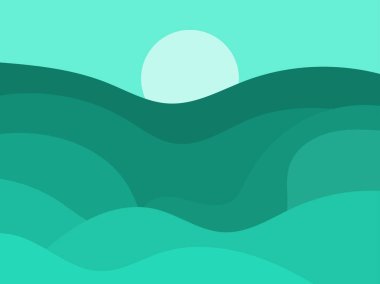 Yeşil tepelerin manzarası minimalist tarzdadır. Parmak izleri, posterler ve iç tasarım için boho dekoru. Orta Çağ modern dekoru. Yeşil alanlar. Vektör illüstrasyonu