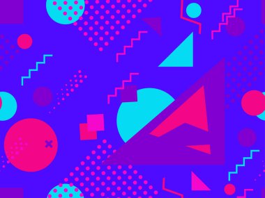 80 'lerin tarzında geometrik şekilli kusursuz desen. Kağıt, reklam materyali ve kumaş basmak için modaya uygun bir geçmişe dönüş. Vektör illüstrasyonu