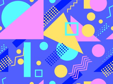 80 'lerin tarzında geometrik şekilli kusursuz desen. Kağıt, reklam materyali ve kumaş basmak için modaya uygun bir geçmişe dönüş. Vektör illüstrasyonu